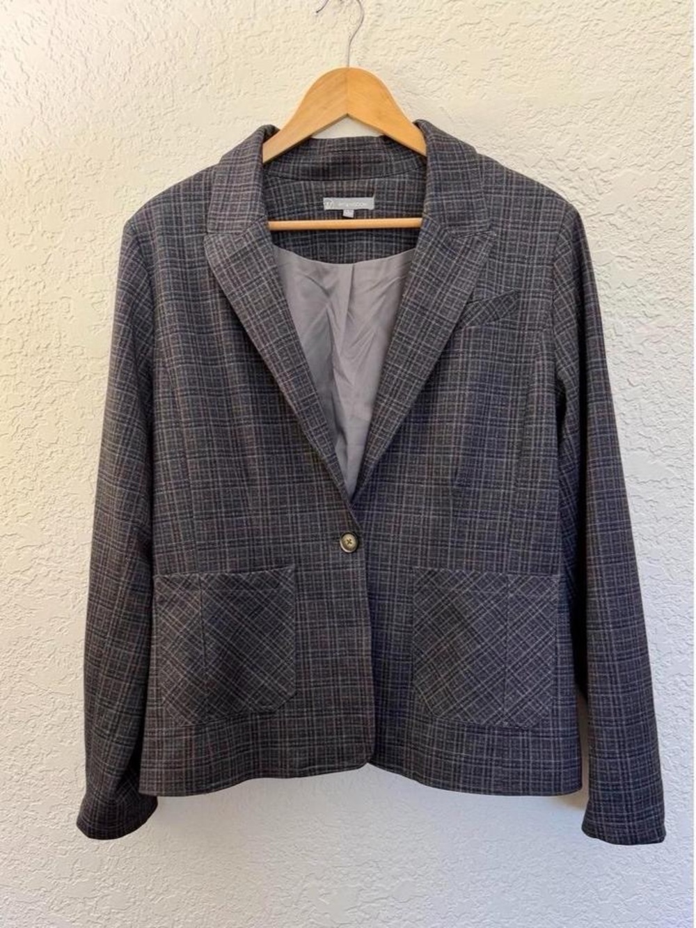 Wit & Wisdom Plaid Peak Lapel Knit Blazer Jacket Charcoal Blue L